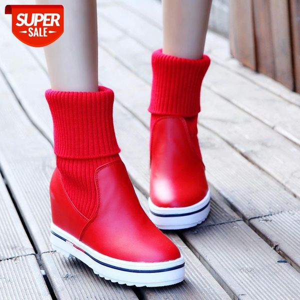 

women winter shoes square heels round toe boots knitting ankle boots height increasing woman shoes size 35-39 drop shipping #uf0w, Black