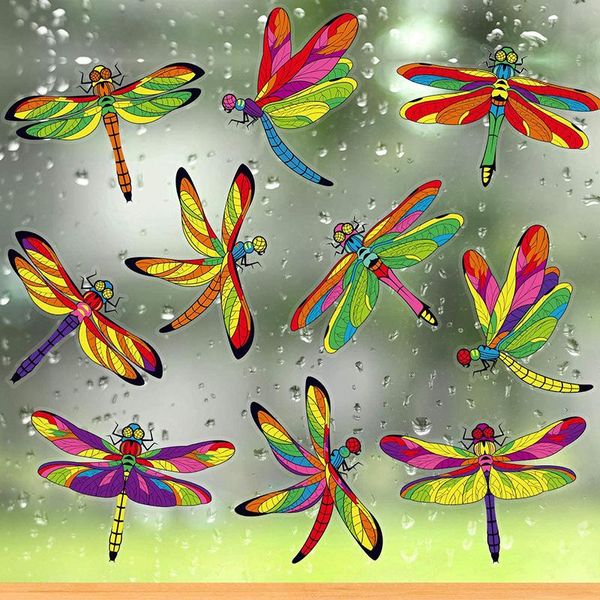 Adesivos de janela 10 pcs Dragonfly adesivo Home Decoração Simulação Pintura Pássaros Hummingbird Grass Filme estático Anti-Colisão