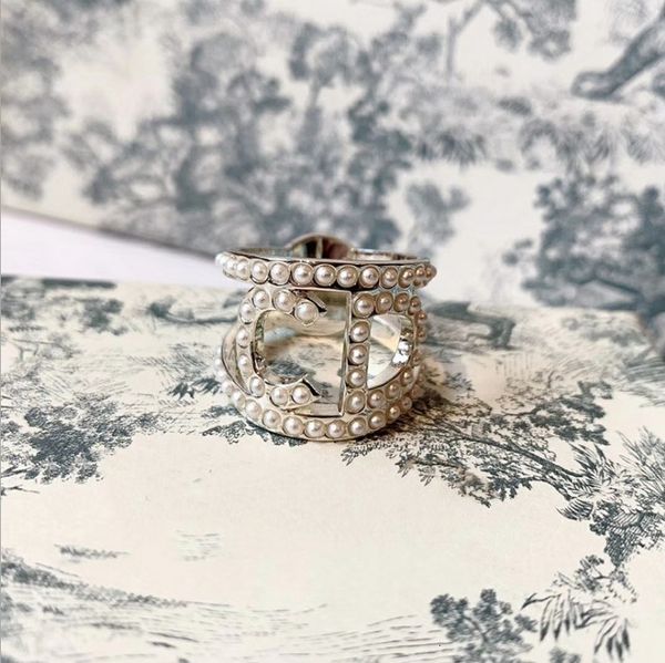 

ring d family 1:1 metal rice bead simple hollow pearl letter gold, Silver