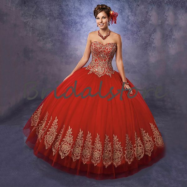 Классный красный платье Quinceanera с золотыми аппликациями Royal Blue Ball Blange Sweet 16 Платья выпускного вечера 2021 Милая пухлая тюль день рождения вечеринка носить Vestidos 15 Años