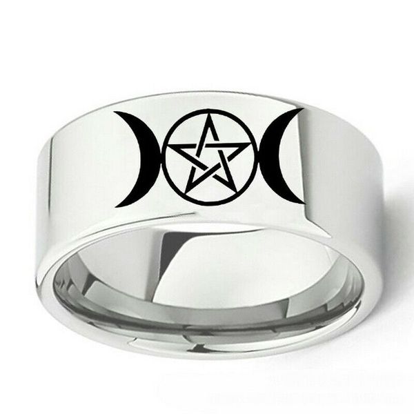 

10mm star moon religious witchcraft symbol stainless steel silver band sz 6-13