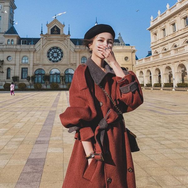 

women's wool & blends long fur coat in the fall and winter of 2021 french hepburn wind han edition loose with thick woolen cloth, Black