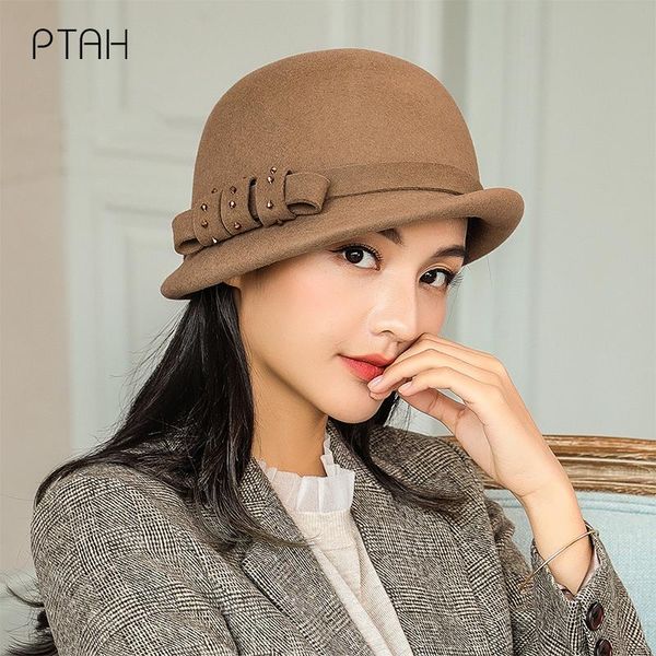 

stingy brim hats [ptah] fashion wool fedora hat for women temperament elegant 2021 autumn winter caps ladies 100% australian, Blue;gray
