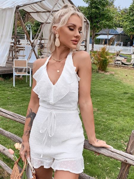 

eilly bazar halterneck tie back ruffle trim swiss dot romper t6lz#, White