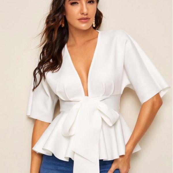 

women's deep v ruffle bottom belt shirt ol temperament simple blouse, White