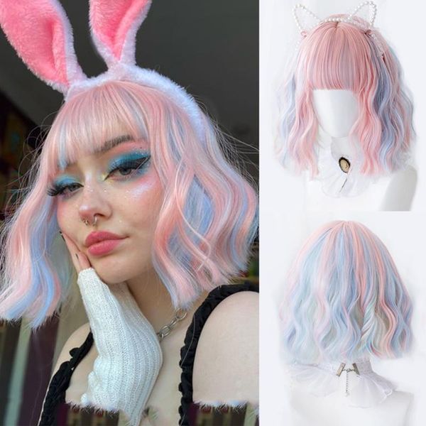 

synthetic wigs houyan mix of pink and blue short curly hair color bobo wig lolita girl blockcolor cosplay, Black