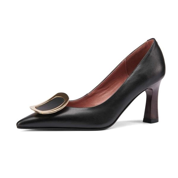 

dress shoes genuine leather pointed toe high heels shallow metal fasteners fashion catwalk recommend slip on women pumps l95, Black