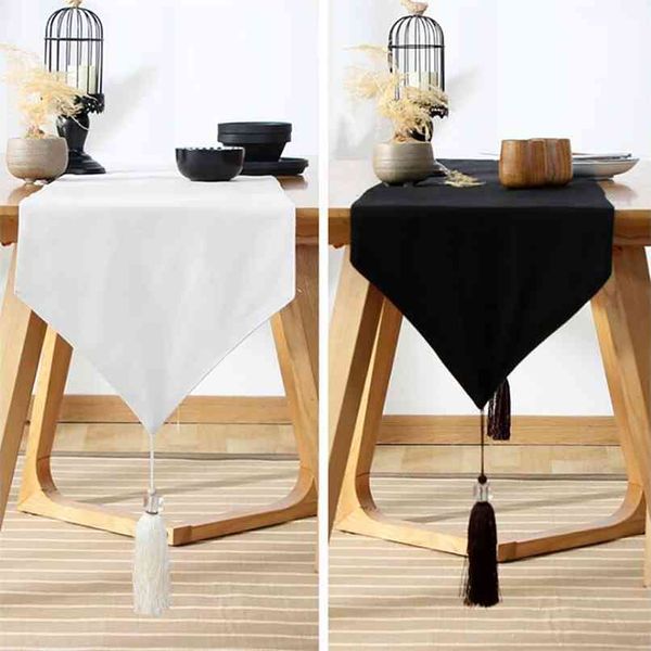 Runner da tavolo in cotone bianco / nero solido semplice e moderno Runner in cotone decorativo con nappa per rivestimento di mobili Tessili per la casa del tè 210628