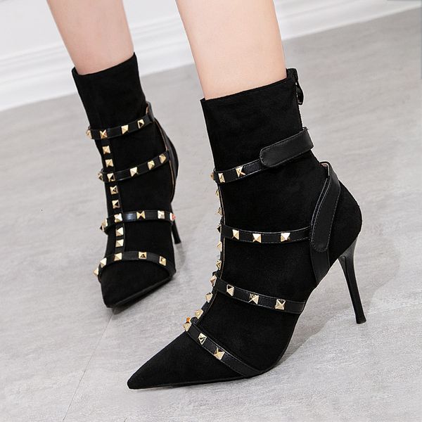 

dress shoes est design luxury women 9cm high heels fetish rivets suede boots stiletto ankle scarpins studded red knight boots 12uq, Black