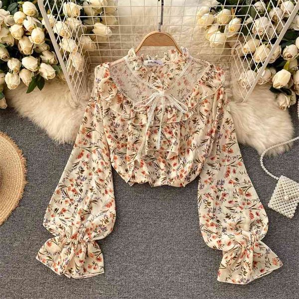 

women's chiffon fashion perspective mesh splicing sweet round collar long sleeve loose floral print shirt blouse q276 210527, White