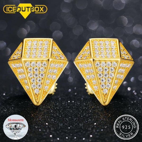 

stud 100% 925 sterling silver female rhombus earring gold d color moissanite diamond hip hop wedding earrings for women jewelry, Golden;silver