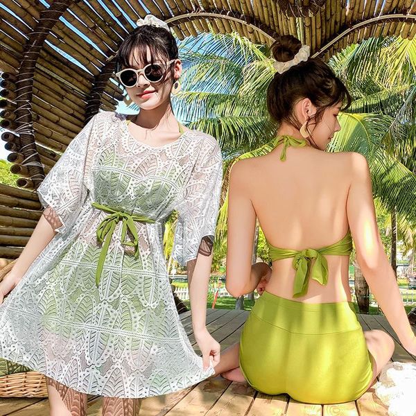 

women's swimwear 2021 long sleeve sunscreen swimsuit three piece suit, covering belly, lace up, backless mini bikini perspective, White;black