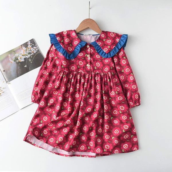 

keelorn girls casual dresses spring autumn kids floral vestidos long sleeve children tuen-down collar clothing girl's, Red;yellow