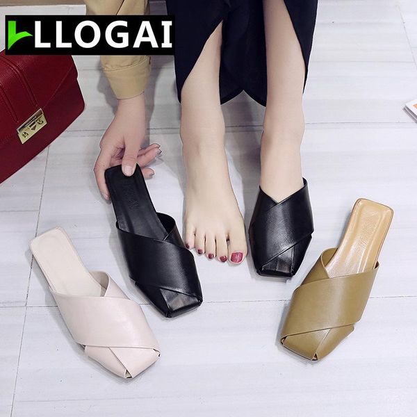 

mules ladies slippers summer square toe cut out flats outside slides korean casual cross band students flip flops zapatos, Black