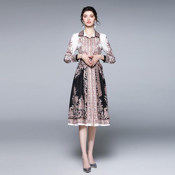 

casual dresses 2021 ribbon bow runway printed dress autumn women retro lantern sleeve office slim button shirt pleated party frock, Black;gray