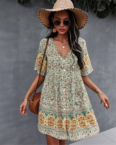

women's swimwear beach floral women dress 2021bohemian style v-neck short sleeve holiday casual loose midi dresses summer seaside femal, White;black