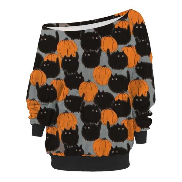 

women's sweaters women pumpkin cat print pullovers halloween long sleeve sweatshirts loose straplescollar bluzy damskie #g2, White;black