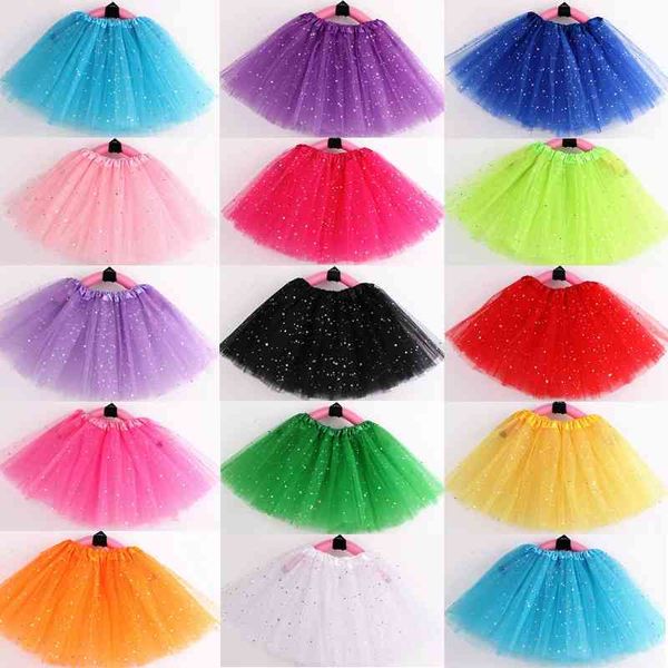 

children's puffy tutu girl's mesh star three-layer performance dress ballet dance princess skirt, White