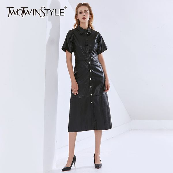 

twotwinstyle pu leather tunic womens dress lapel short sleeve high waist midi black dresses female fashion clothing 210517, Black;gray