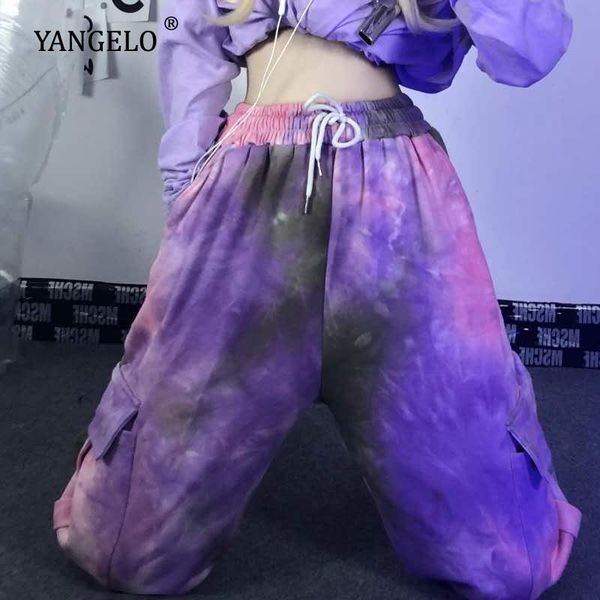 

women's pants & capris yangelo harajuku tie-dye women 2021 autumn winter loose casual purple overalls woman oversized streetwear fashio, Black;white