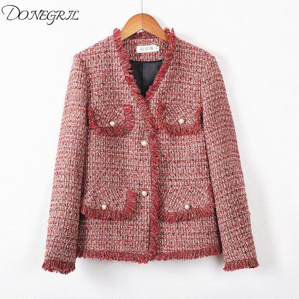 

spring women tweed jackets brand ladies blends wool tassel long sleeve red single breasted v neck fringe coats women's, Black;brown