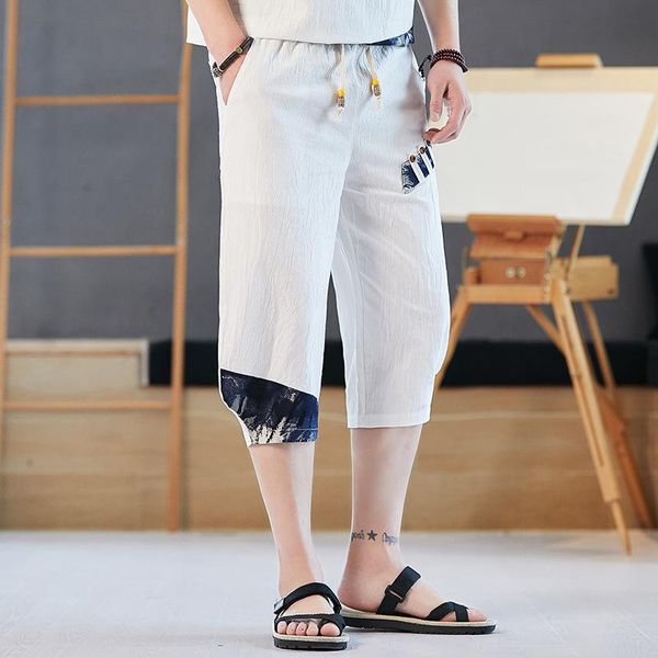 

cotton linen mens harem pants 2021 summer male casual calf-length patchwork loose baggy trousers men drop men's, Black