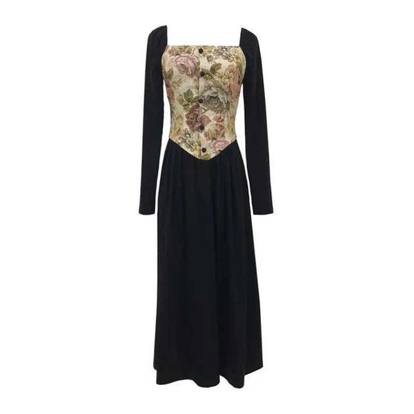 

perhaps u long-sleeved dress black floral embroidery mid calf a-line elegant chic d2134 210529, Black;gray
