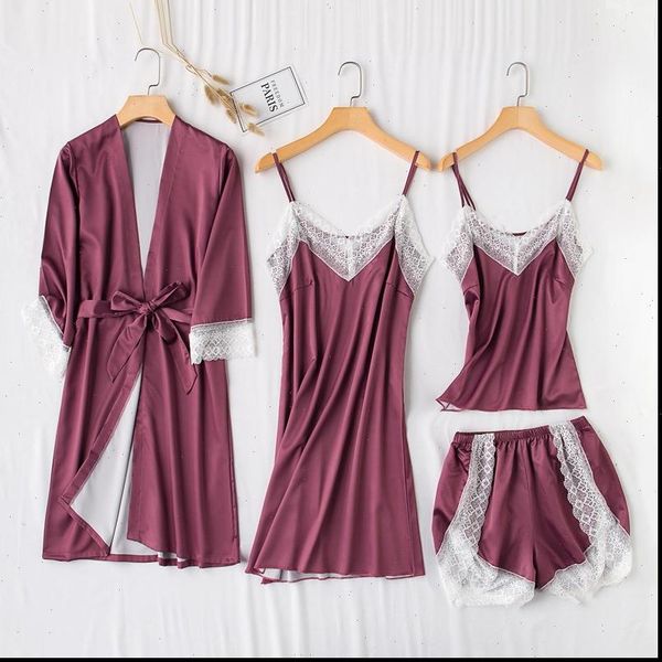 

nightgown sets 4pcs robe suit women sleepwear spring wear strap nightwear lace sleep kimono bath gown homewear, Black;red