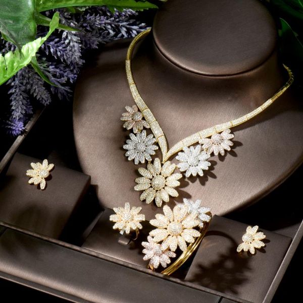 

earrings & necklace hibride fashion big flower cubic zircon dubai wedding bridal jewelry set for women party accessories n-1799, Silver