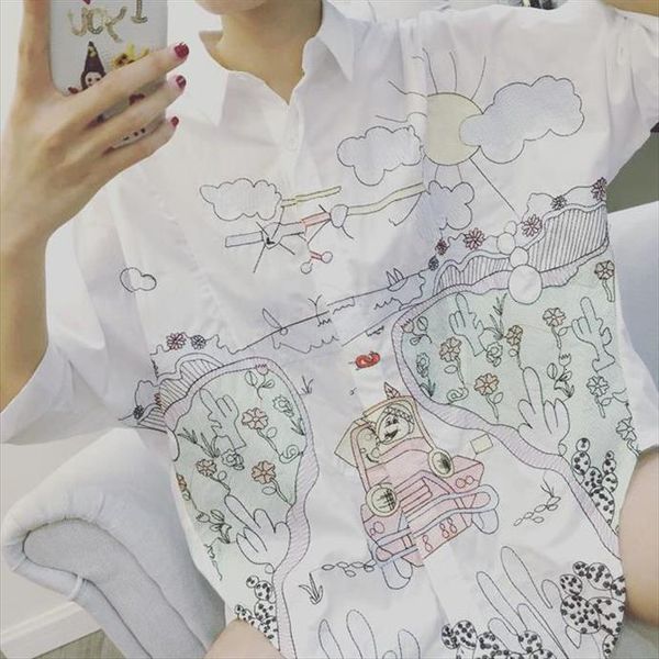 

spring and summer loose white women blouses embroidered long cartoon graffiti fashion