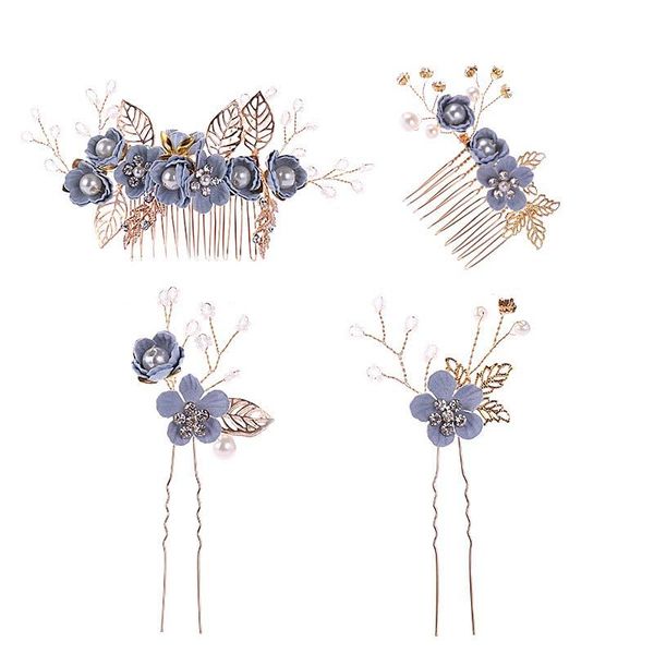 

hair clips & barrettes pearl crystal blue handmade flower bride pin sticks comb women girl headpiece jewelry wedding accessories vl, Golden;silver