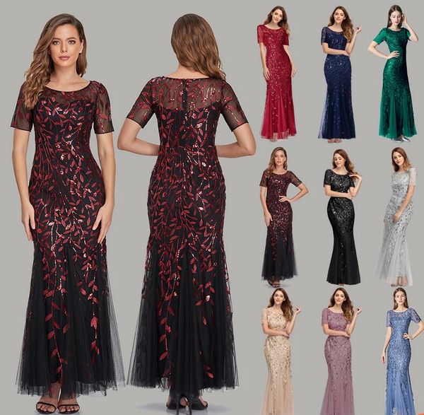 

2021 mermaid long dresses short sleeve summer skirt crew neck sequins slim fishtail bridesmaid party dress women, White;black