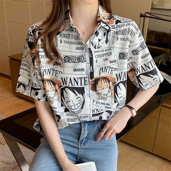 Moda Mulheres Manga Curta Estilo Coreano Blusa Desenhos Animados Design Impressão Casual Senhoras Camisas Mulheres Roupas 210507