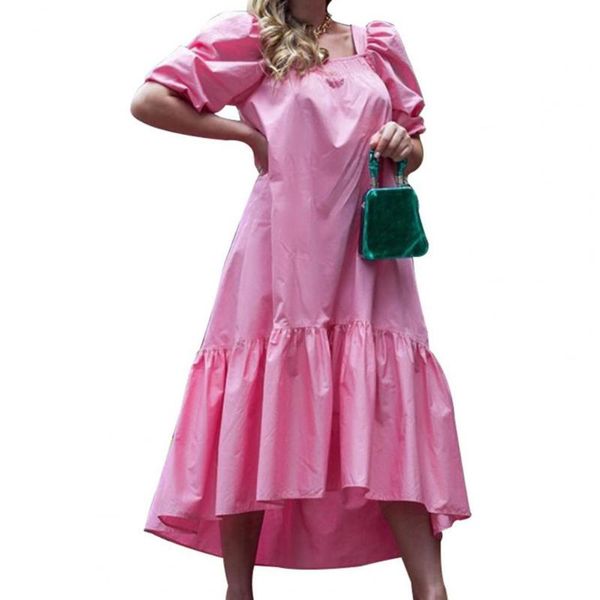 

casual dresses women dress french solid color puff sleeve summer square neck ruffled hem party 2021, Black;gray