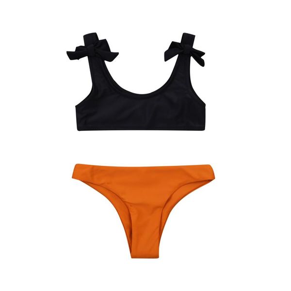 

5-12y children girls swimwear two pieces summer solid color crop triangle shorts bikini set holiday beachwear bathing one-pieces, Black