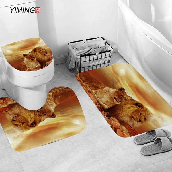 

cute lion print bathroom non-slip mat set toilet carpet shower room 3pcs bath mats