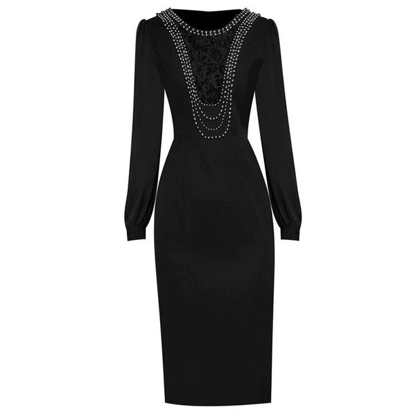 

casual dresses elegant women work business long sleeve lace patchwork embroidered flares fitted bodycon rear split lady office dress, Black;gray