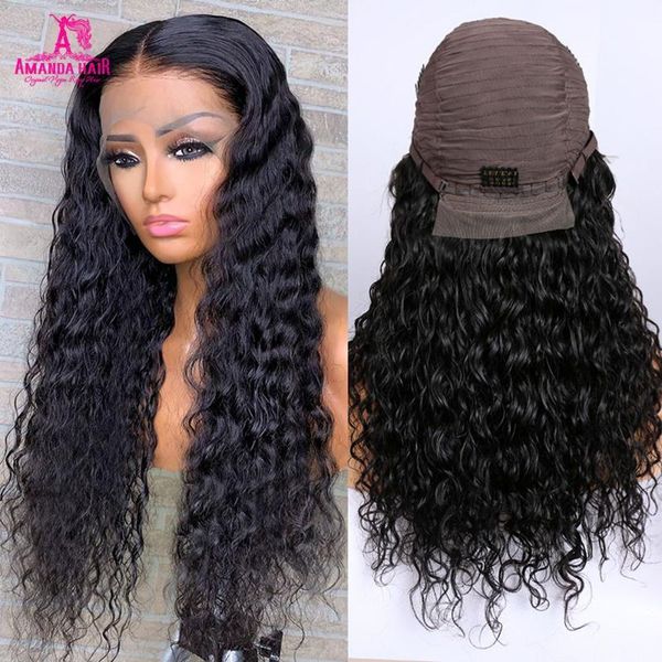 

amanda 13x1 water wave lace wig preplucked brazilian human hair wigs 150% desnity 4x4 closure 30inch part1, Black;brown