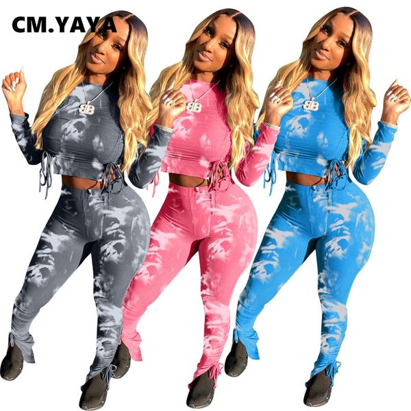 

tie dye ribbed sweatsuit womens set crop staed flare slit pants set trasuit matching two piece fitness outfitby air, White