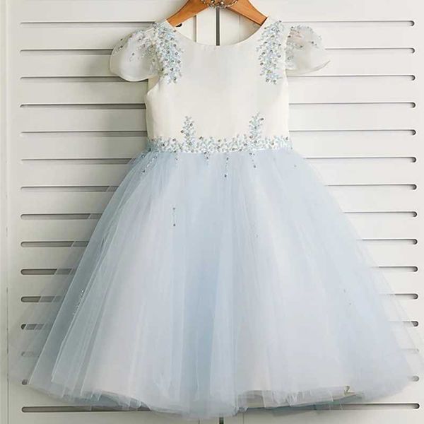 

girl's dresses princess tea length flower girl wedding satin cap sleeve jewel neck with beading, Red;yellow