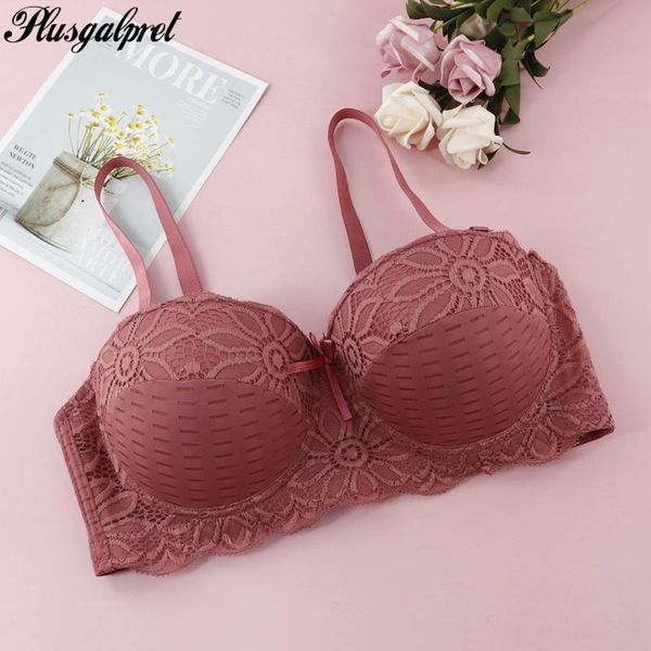 

bras plusgalpret summer breathable lounge bra non-padded demi floral lace women underwear plus size b c d strapless lingerie, Red;black