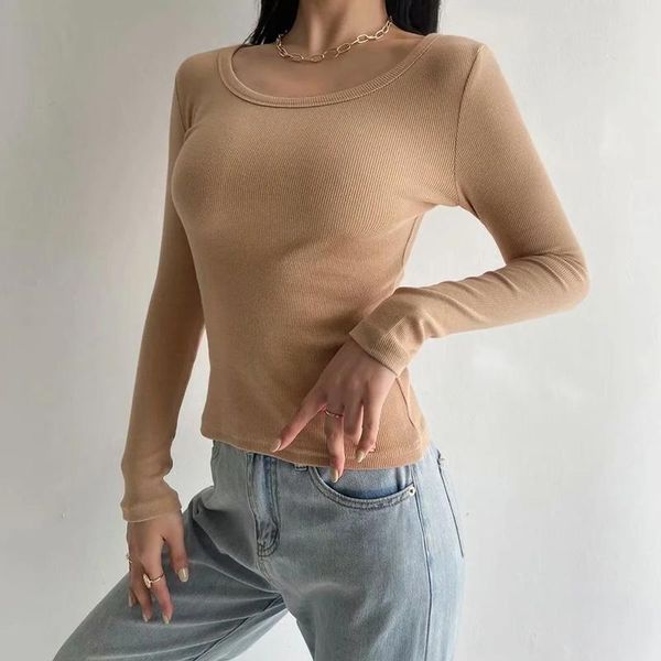 

women's t-shirt women o neck ribbed long sleeve, White