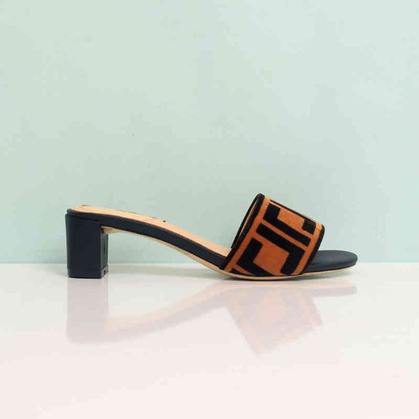 

quality brown ff zucca velvet slide sandals for women slippers chunky med heels shoes block heeled sandal open toe luxury designers, Black