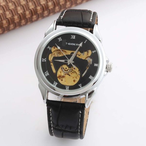 

t-goer hollow out men's automatic watch man's belt, Slivery;brown