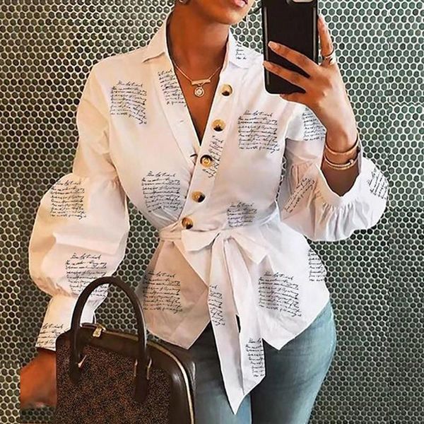 

women's blouses & shirts letters blouse shirt lantern long sleeve office lady autumn winter v neck button belt blusa, White