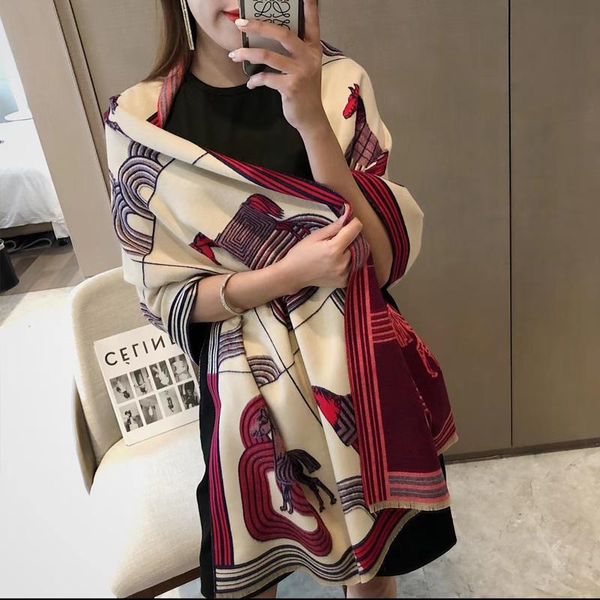 

scarves fashion winter scarf women cashmere warm pashmina foulard lady luxury horse thick soft bufanda shawls wraps 2021, Blue;gray