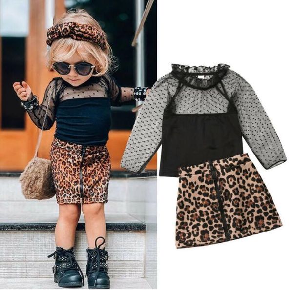 Çocuklar Bebek Kız Leopar Baskı Giysi Setleri Yaz Ruffles Dantel T-shirt Etekler Kıyafetler 2021 Toddler Kız Elbise