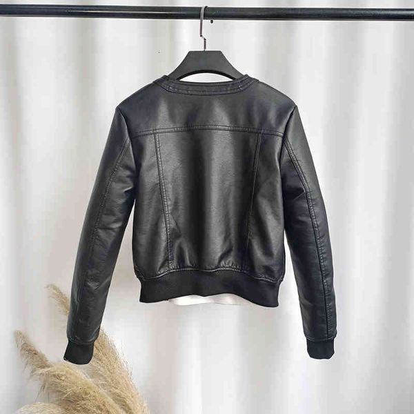 

women's leather & faux jacket women o-neck casual biker jackets female motorcycle coat plus size 4xl soft pu basic black outwear m