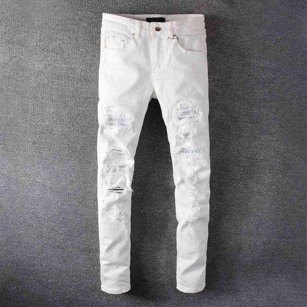 

men's jeans white crystal holes ripped fashion slim skinny stretch denim pants hole patch tight len9, Blue