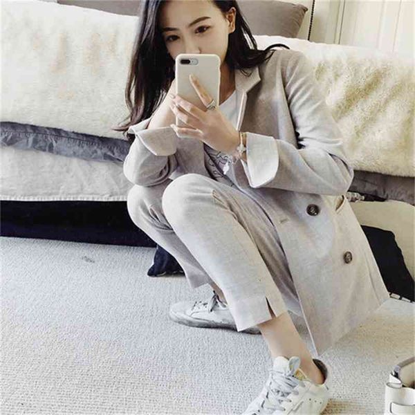 

women's two piece pants 2 sets of 2-piece women's wear, grey jacket and high waist pants, slotted jacket, korean suit, 2021, White